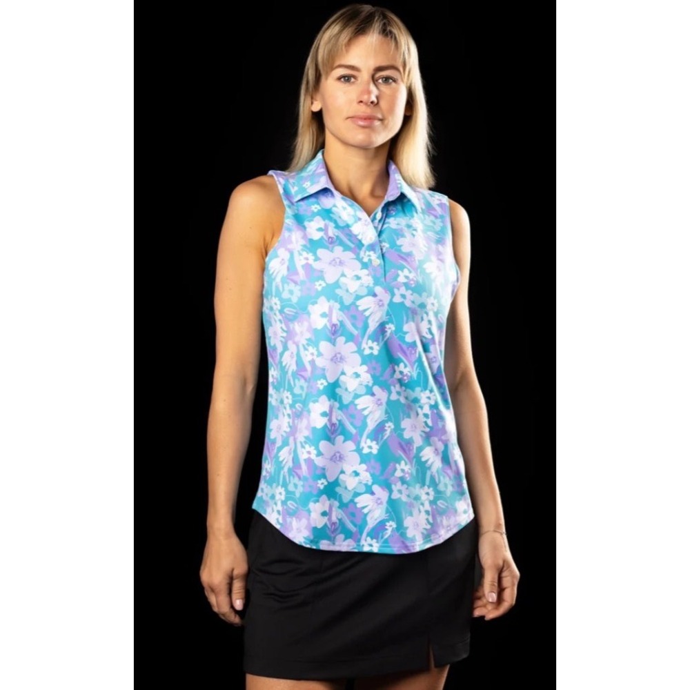 Sunday Swagger Womens Pastel Floral Sleeveless Polo‎ Golf Tank Top Teal Purple M